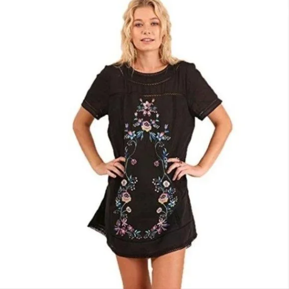Umgee Women's Bohemian Black Embroidered Short Sleeve Dress or Tunic, Size: Small